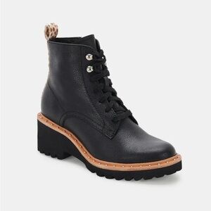 Dolce Vita Hinto Leather Leopard Print Trim Combat & Lace Up Boots - NWT